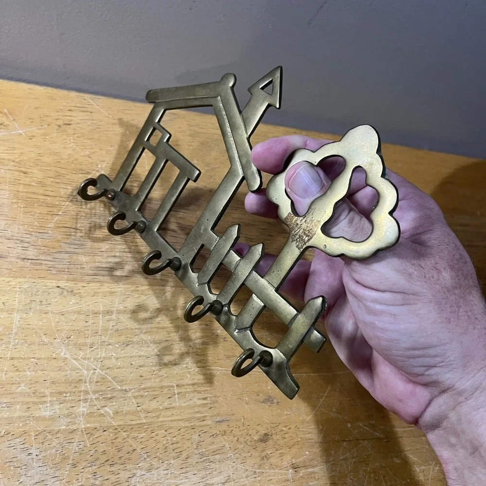 Vtg Solid Brass House Picket Fence Tree Wall Key Rack Hook Organizer 7.75in